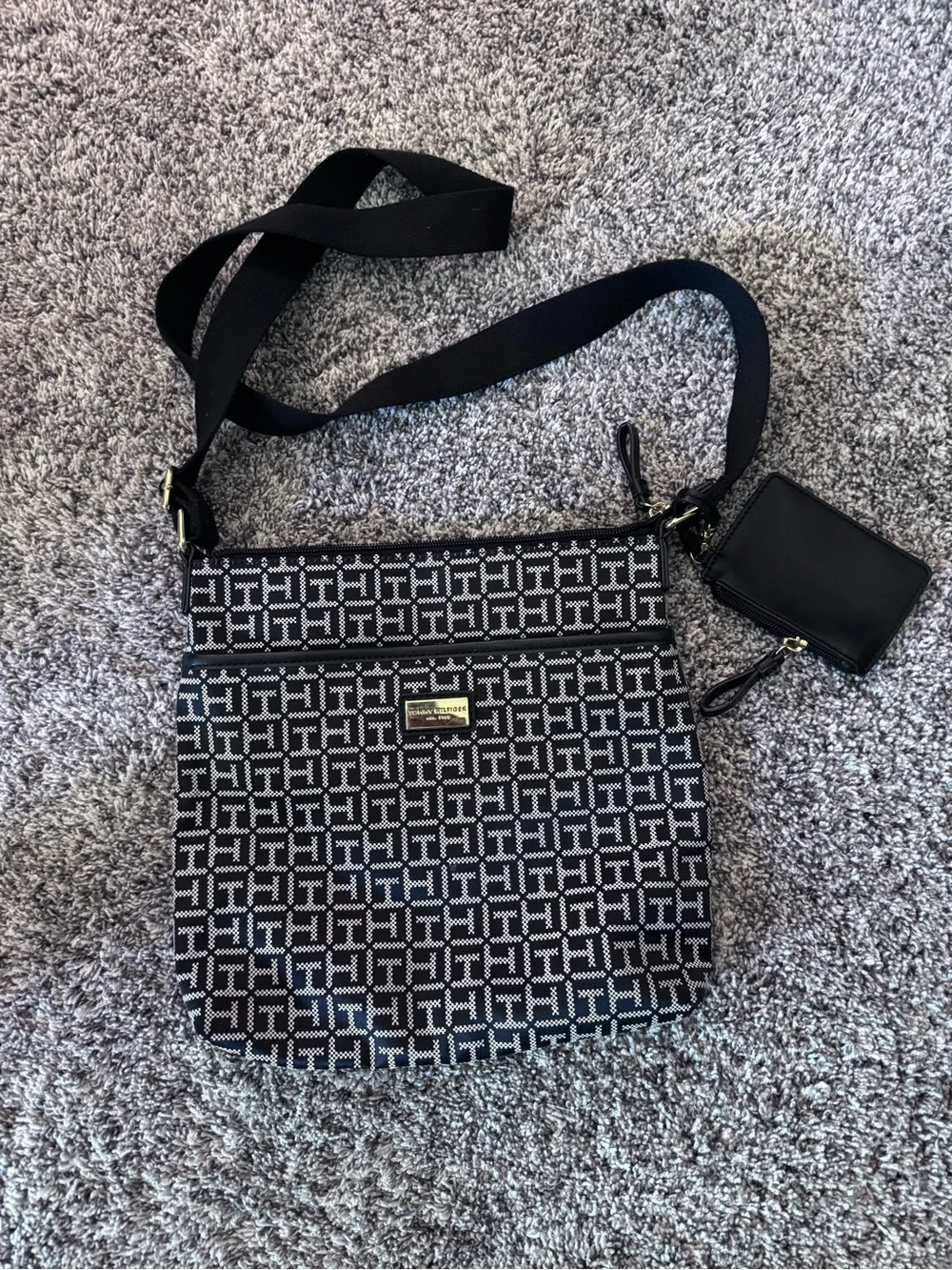 Tommy Hilfiger Black Patterned Crossbody Bag with Coin Pouch